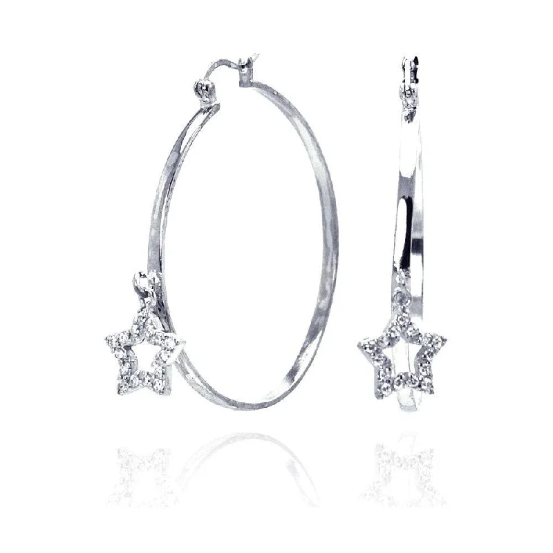 ladies earrings matte halo-Clearance-Silver 925 Rhodium Plated Dangling Star CZ Hoop Earrings - STE00305