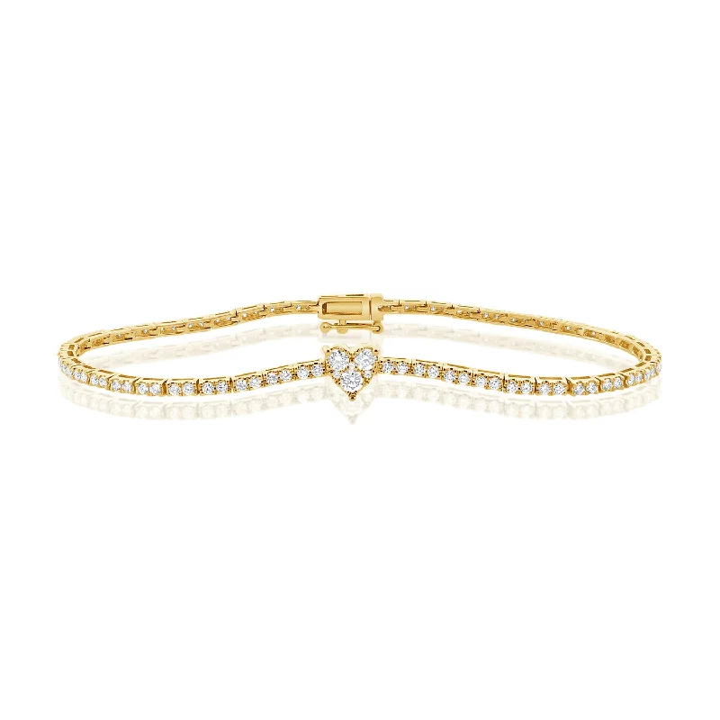 Ladies bracelets shiny gold designs-Diamond Heart Tennis Bracelet