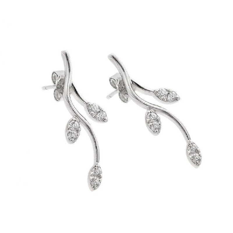 ladies earrings classic emerald-Silver 925 Rhodium Plate Curvy Tree Branch Marquis Clear CZ Stud Earrings - STE00630