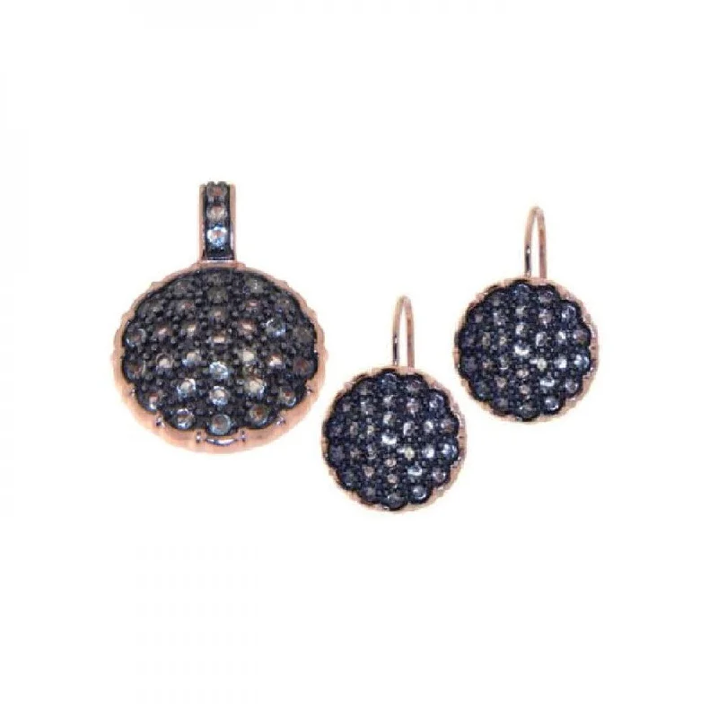 ladies earrings engraved sapphire-Silver 925 Gold Plated Round Black CZ Lever Back Earring and Necklace Set - STS00231