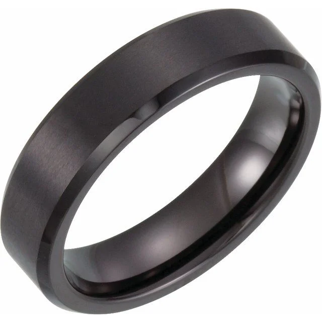 ladies ring intricate round cut-Black PVD Tungsten 6 mm Beveled Edge Band