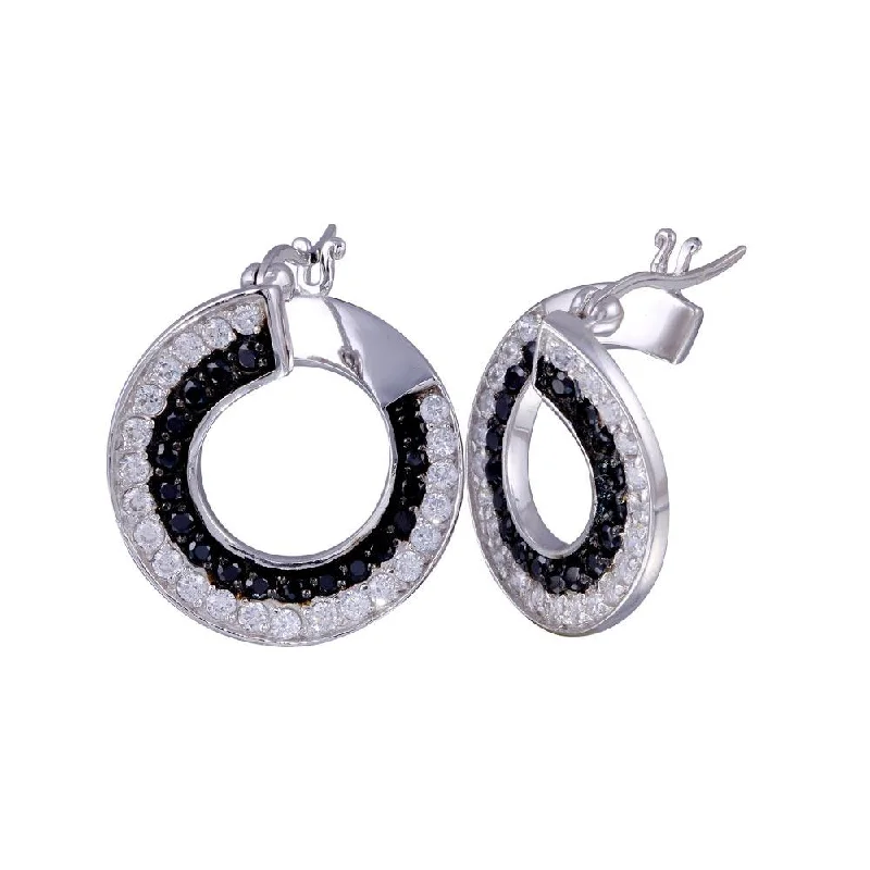 ladies earrings winter tassel-Clearance-Silver 925 Black and Silver Rhodium Plated Twirl Round Ramp CZ Hoop Earrings - STE00558