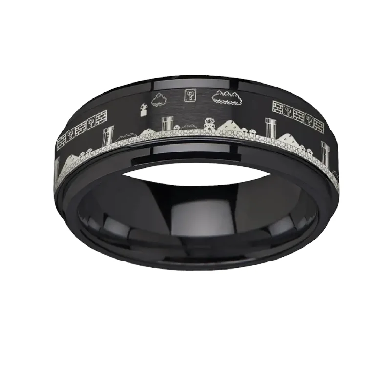 ladies ring brushed emerald-Thorsten Spinning Engraved Super Mario Bros Pixel Level Game Black Tungsten Carbide Spinner Band - 8mm