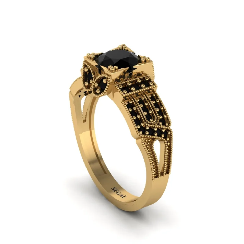 ladies engagement ring custom cluster-Black Diamond Milgrain Gold Engagement Ring - Lyric No. 37