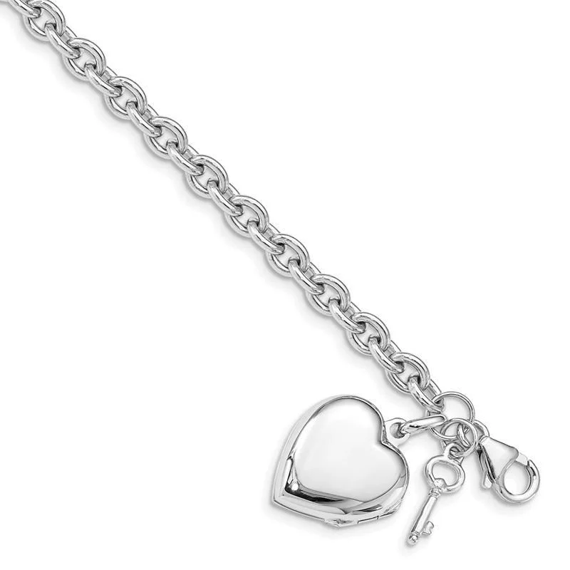 Ladies bracelets flat band bracelets-Sterling Silver Rhodium-plated Puffed Heart Locket & Key Bracelet