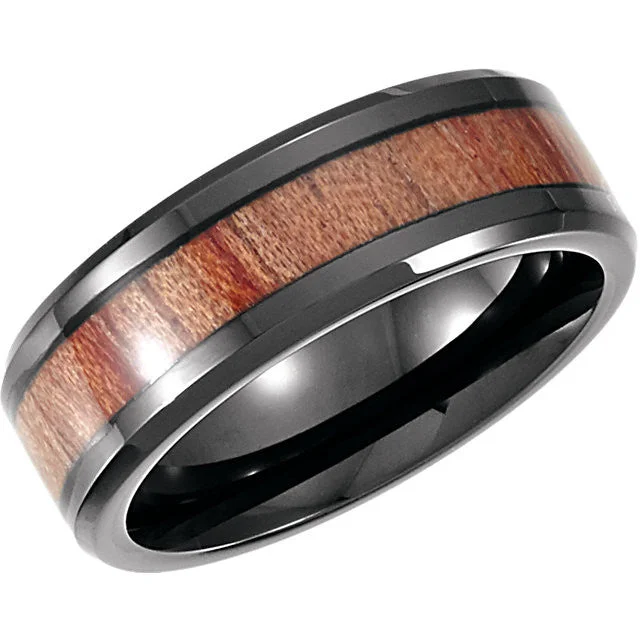 ladies ring matte gold-Black Cobalt 8mm Design Band with Rosewood Inlay