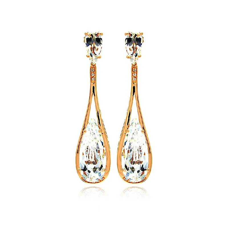 ladies earrings glossy short-Silver 925 Rose Gold Rhodium Plated Teardrop CZ Dangling Stud Earrings - BGE00281