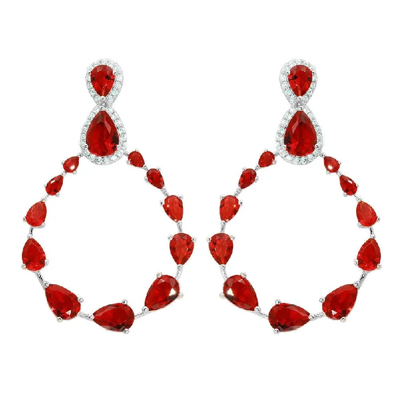 ladies earrings braided asymmetrical-Rhodium Plated 925 Sterling Silver Red and Clear Teardrop with Open Hanging Graduated CZ Earrings - GME00104-RED