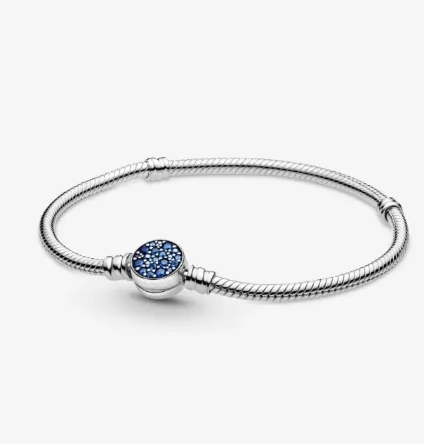 Ladies bracelets French elegance styles-Pandora Moments Sparkling Blue Disc Clasp Snake Chain Bracelet