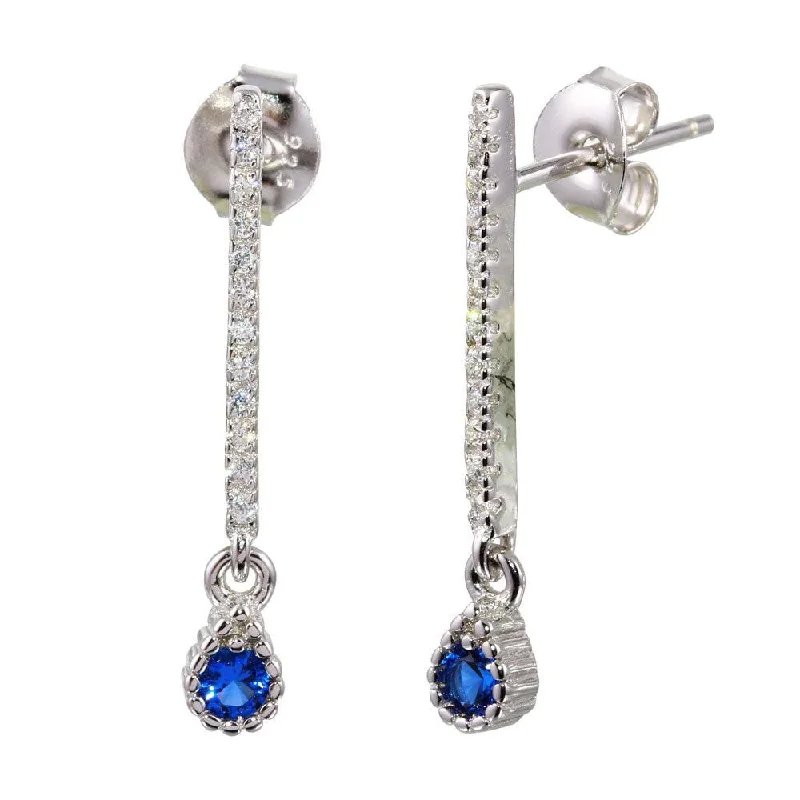 ladies earrings chic green emerald-Rhodium Plated 925 Sterling Silver Blue CZ Bar Drop Earrings - BGE00557BLU