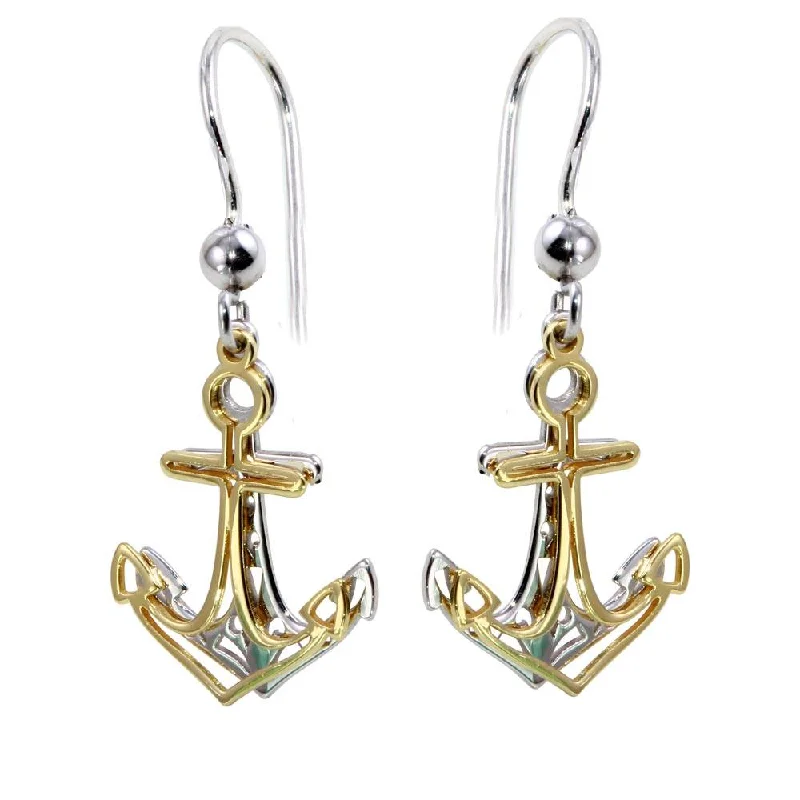 ladies earrings modern sleeper-Two-Tone 925 Sterling Silver Flat Anchor Earrings - SOE00002