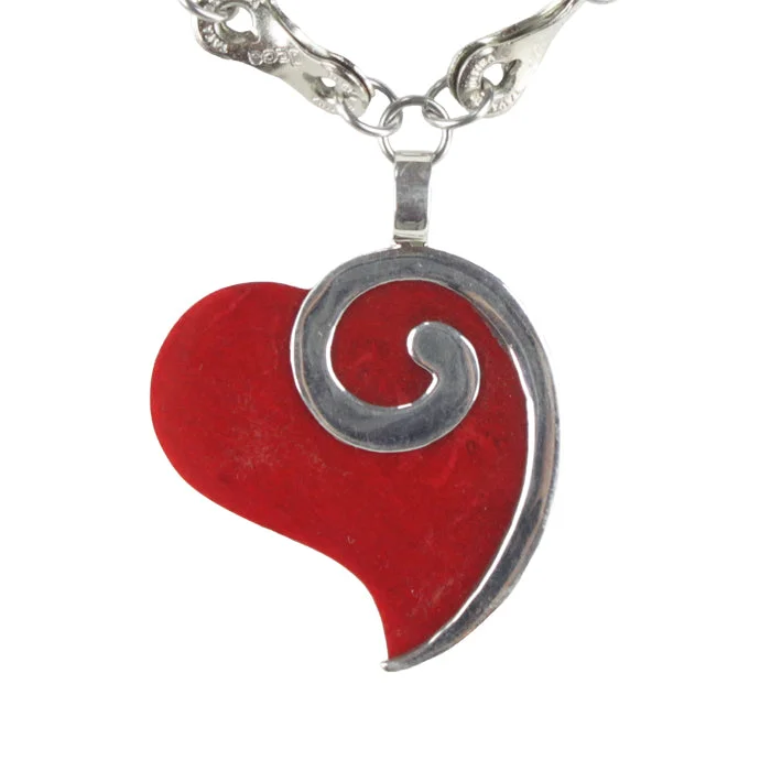 Ladies necklaces initial letter pendants-Coral Heart & Silver Swirl Necklace