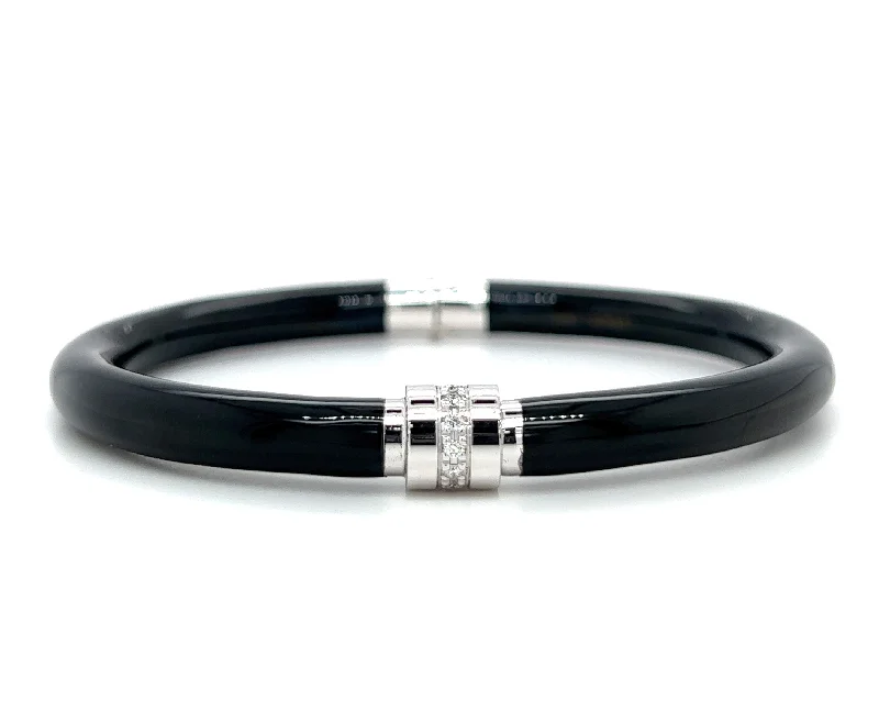 Ladies bracelets glitter accent styles-Sterling Silver Black Enamel & Diamond Barrel Bangle Bracelet by SOHO