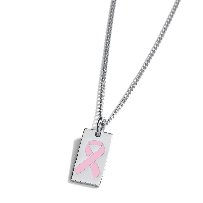 Ladies necklaces dramatic flair necklaces-Pink Ribbon Tag Necklace