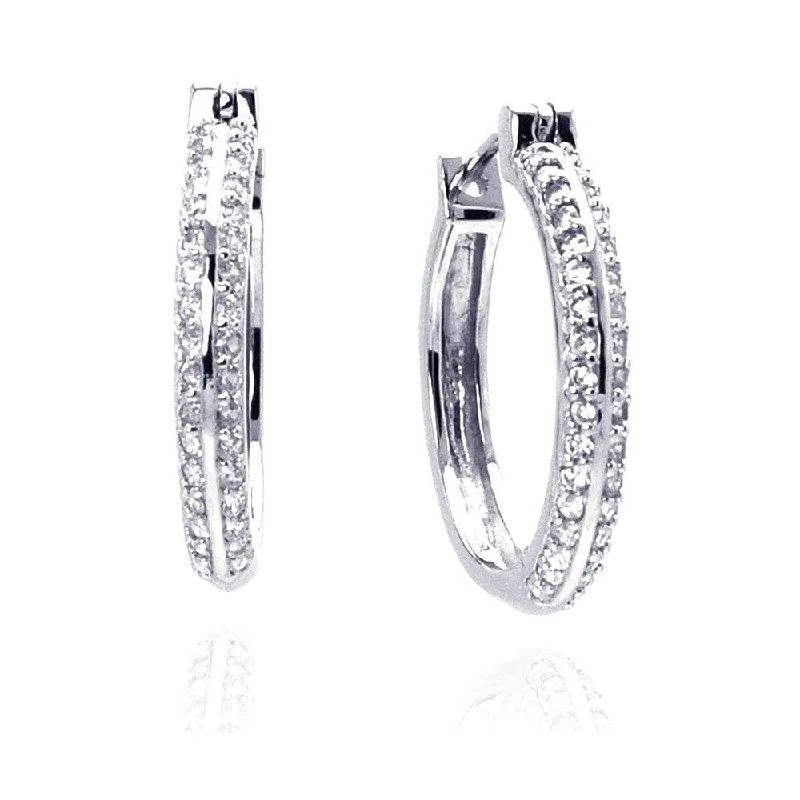 ladies earrings animal onyx-Silver 925 Rhodium Plated Micro Pave Clear CZ Hoop Earrings - ACE00013