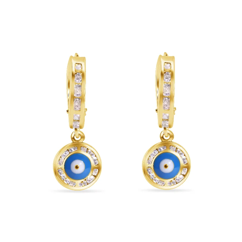 ladies earrings satin pave-14E00458. - 14 Karat Yellow Gold 12.6mm Hoop Studded Clear CZ Evil Eye Latch Box Earrings