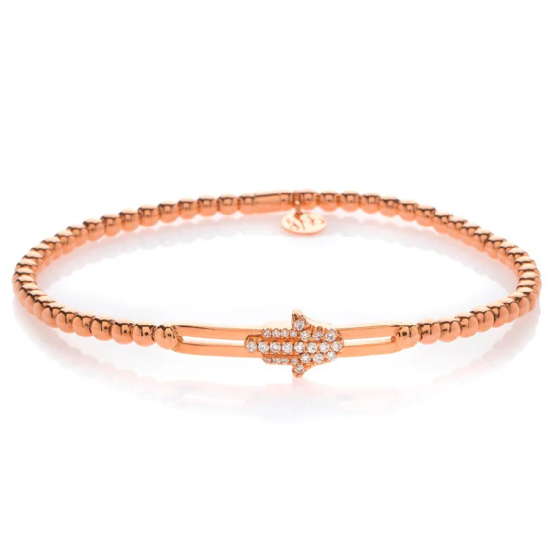 Ladies bracelets cute playful accents-Hulchi Belluni Fidget Bracelet with Hamsa Pave Diamond Moveable Station Rose Gold Stretch Stackable