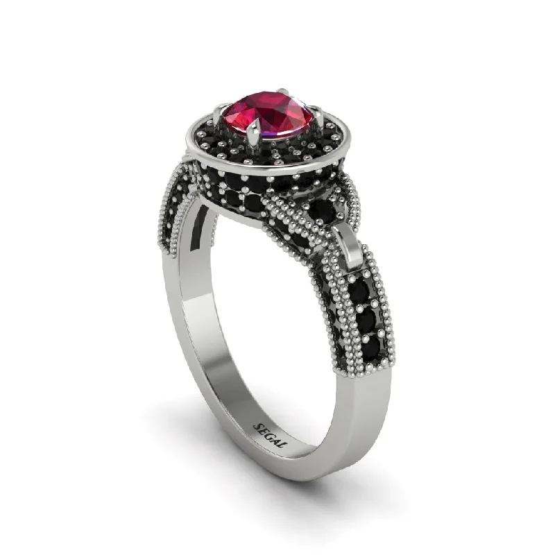 ladies engagement ring brushed sapphire-Ruby Double Halo Handmade Engagement Ring - Gracelyn No. 42