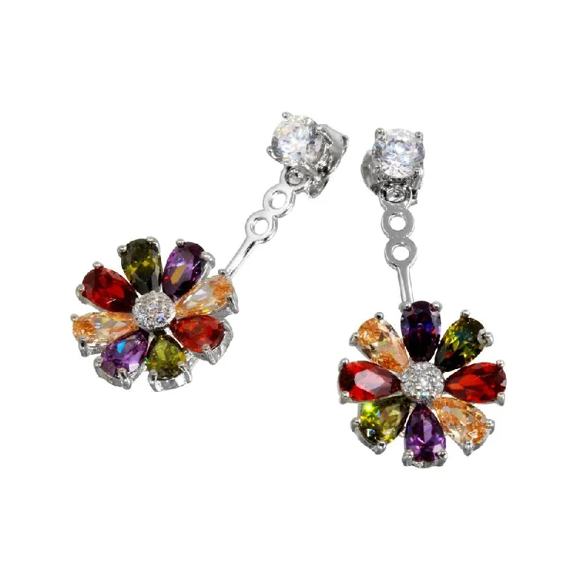 ladies earrings name layered-Rhodium Plated 925 Sterling Silver Multi Color Sunflower Hanging Front and Back Earrings - BGE00553