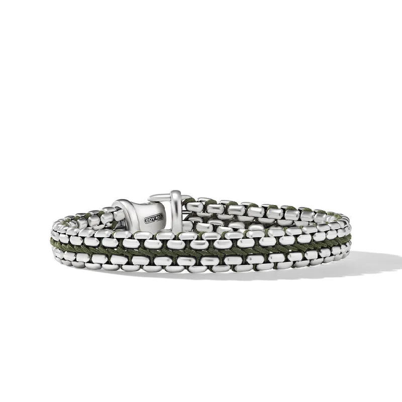 Ladies bracelets pink diamond styles-DY Gents Woven Box Chain Bracelet in Sterling Silver with Green Nylon, 10MM