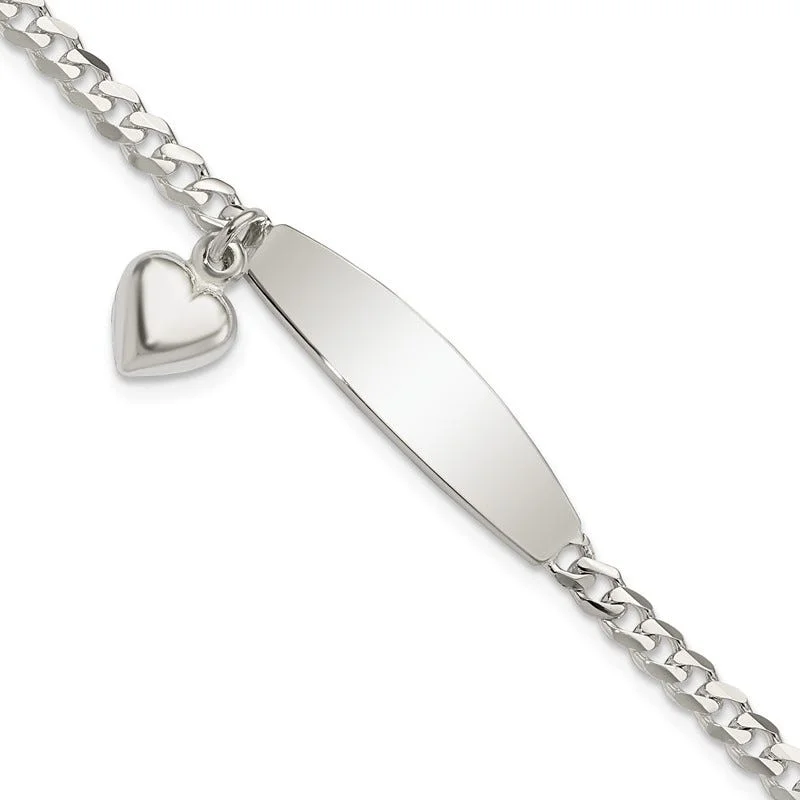 Ladies bracelets birthstone accent styles-Sterling Silver Polished Curb Link ID Heart Dangle 8.5in Bracelet