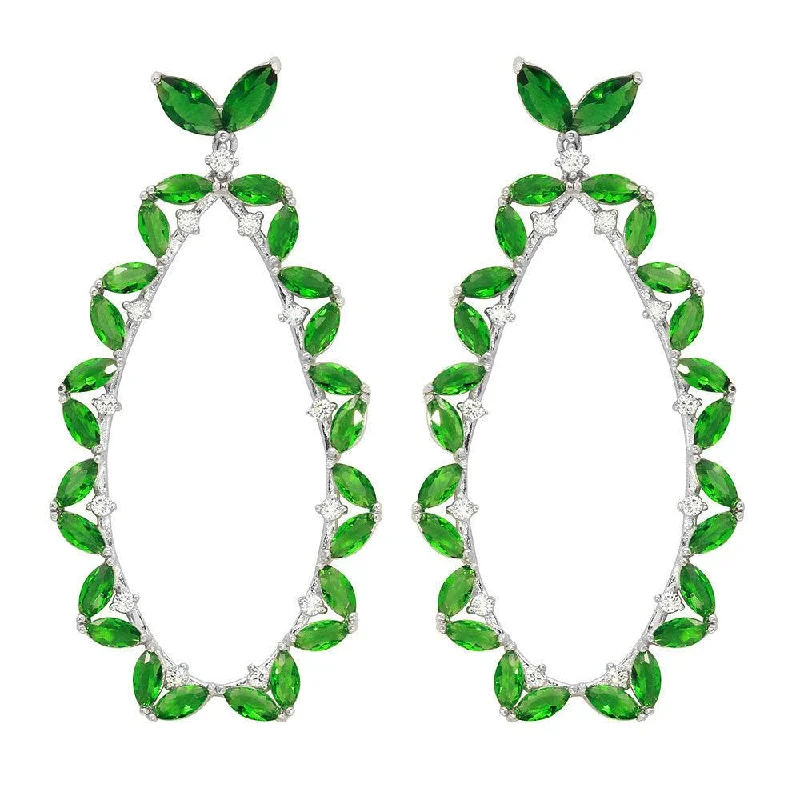 ladies earrings initial emerald-Rhodium Plated 925 Sterling Silver Green CZ Hanging Oval Earrings - GME00103RH-GREEN