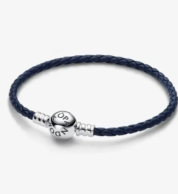 Ladies bracelets Celtic knot bracelets-Pandora Moments Round Clasp Blue Braided Leather Bracelet