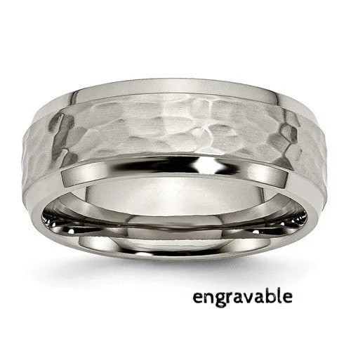 ladies ring flower recycled-Titanium 8mm Beveled Edge, Hammered And Polished Band