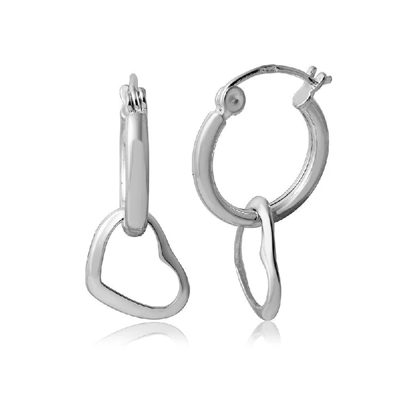 ladies earrings engraved climber-Silver 925 huggie hoop Earrings with Hanging Open Heart - STE00792