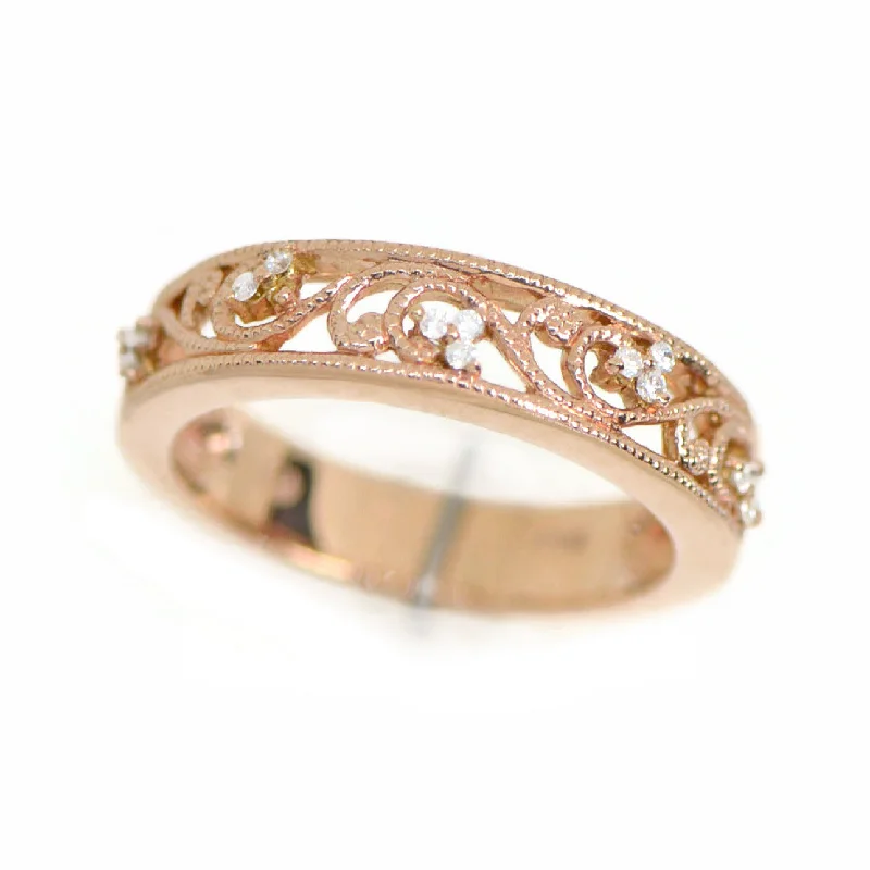 ladies ring polished platinum-14k Rose Gold Floral Filigree 0.15 Ct Diamond 5mm Wedding Anniversary Band