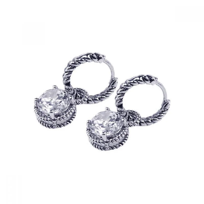 ladies earrings high-end black diamond-Silver 925 Rhodium Plated Round CZ Dangling Hoop Earrings - STE00434