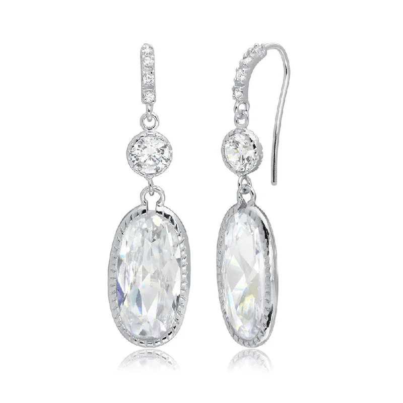 ladies earrings glossy cuff-Rhodium Plated 925 Sterling Silver Hanging Oval CZ Earrings - BGE00412