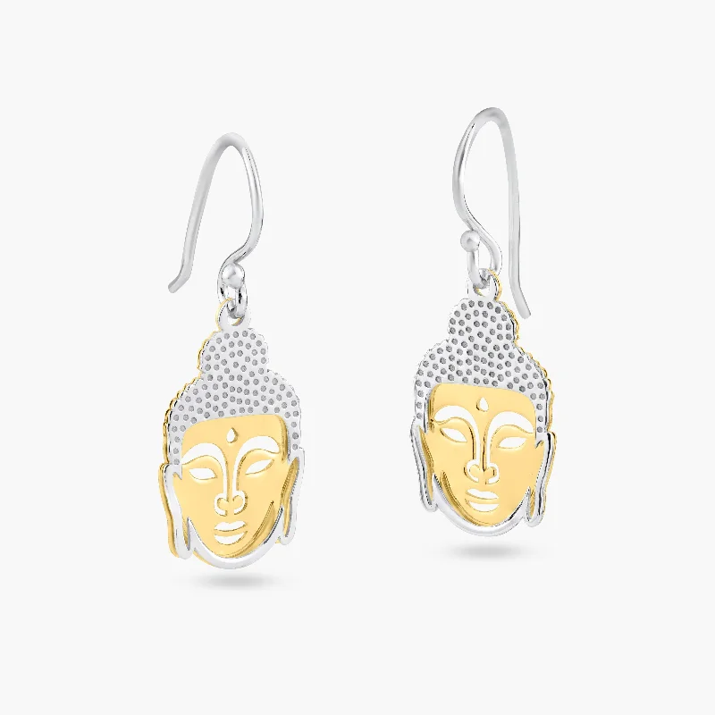 ladies earrings name onyx-Two-Tone 925 Sterling Silver Flat Buddha Earrings - SOE00005