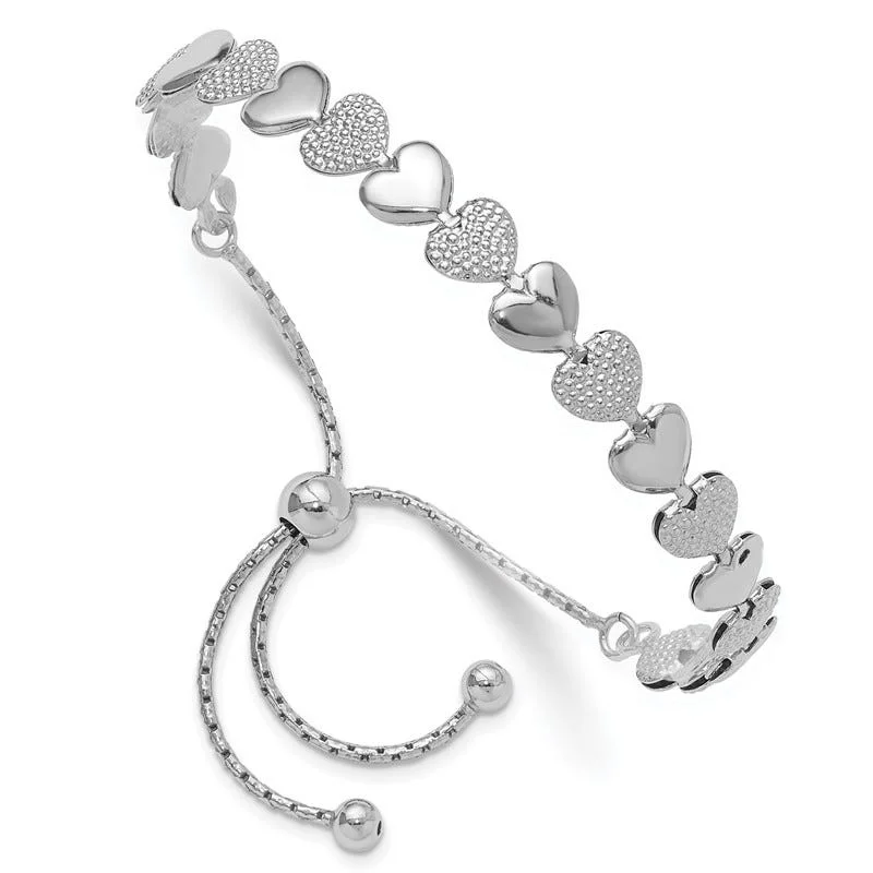 Ladies bracelets low maintenance styles-Sterling Silver Rhodium-plated Adjustable Bolo Hearts Bracelet