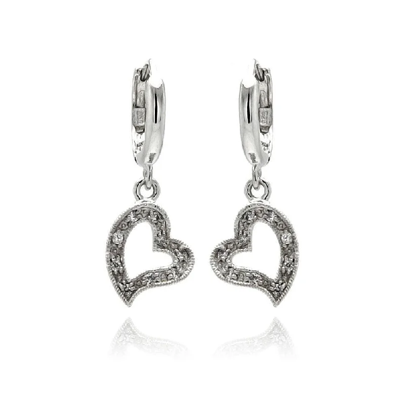 ladies earrings designer bar-Silver 925 Rhodium Plated Open Heart Clear CZ Dangling huggie hoop Earrings - BGE00064