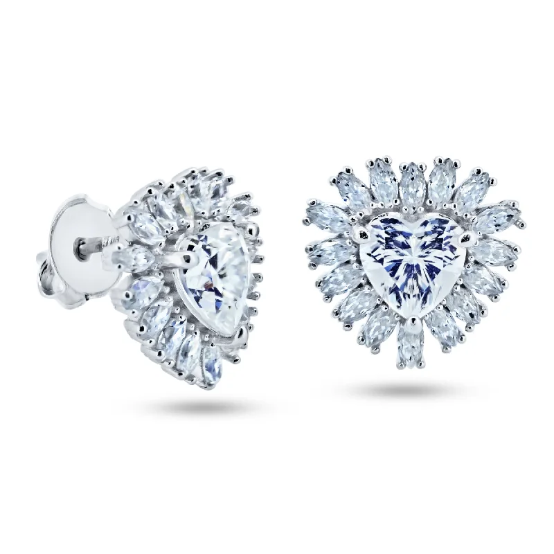 ladies earrings personalized pave-Sterling Rhodium Plated 925 Sterling Silver Moissanite Stone Heart Earring - MGME00003