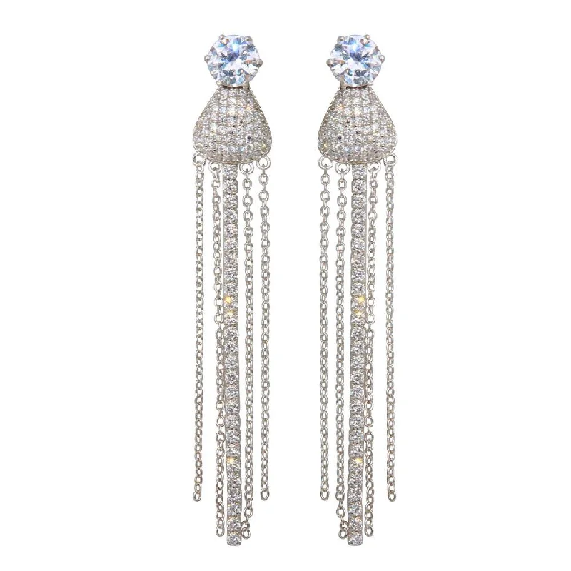 ladies earrings delicate tassel-Rhodium Plated 925 Sterling Silver CZ Teardrop Chain Dangling Earrings - BGE00598