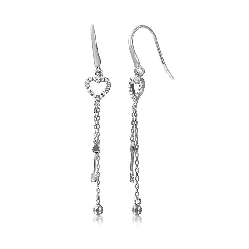 ladies earrings luxury crescent-Silver 925 Rhodium Plated Fish Hanging Heart with Strands Dangling Earrings - STE01061