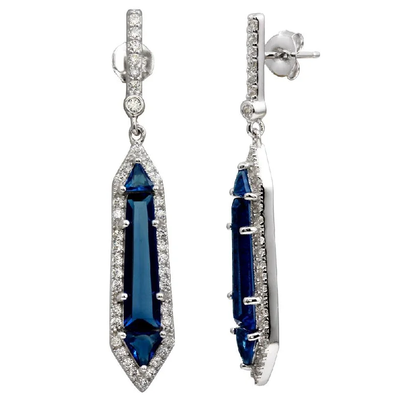 ladies earrings slim symmetrical-Rhodium Plated 925 Sterling Silver Dangling Blue and Clear CZ Earrings - BGE00578BLU