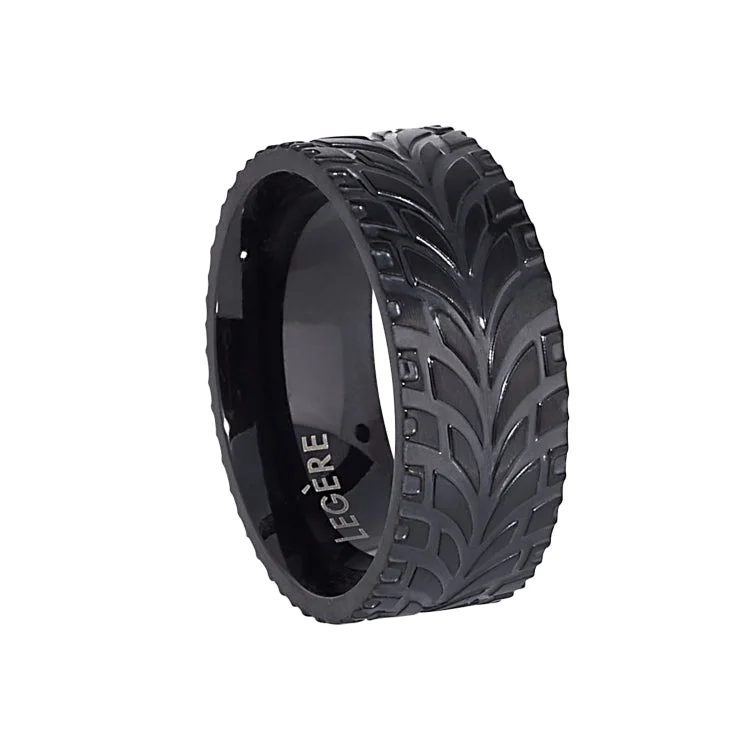 ladies ring tropical limited edition-Black IP Finish Stainless Steel Feathered Band  - Size 11