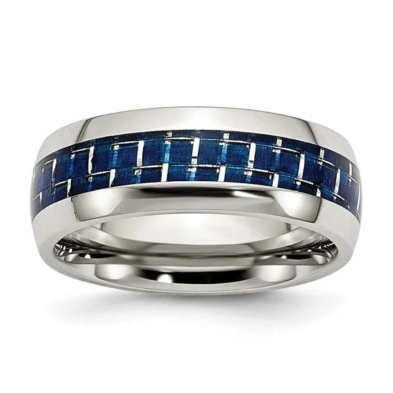 ladies ring high-end baguette cut-Stainless Steel Blue Carbon Fiber Inlay Polished 8mm Band