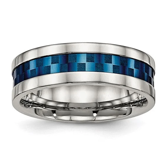 ladies ring brushed sapphire-Stainless Steel Polished Blue IP Design 7mm Band