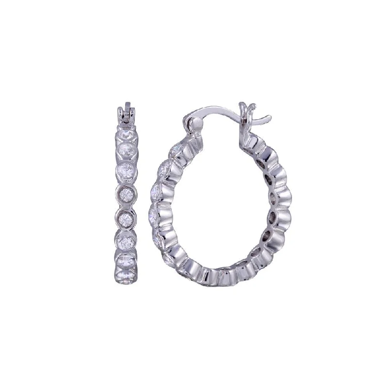 ladies earrings feather asymmetrical-Silver 925 Rhodium Plated Round CZ huggie hoop Earrings - STE00287