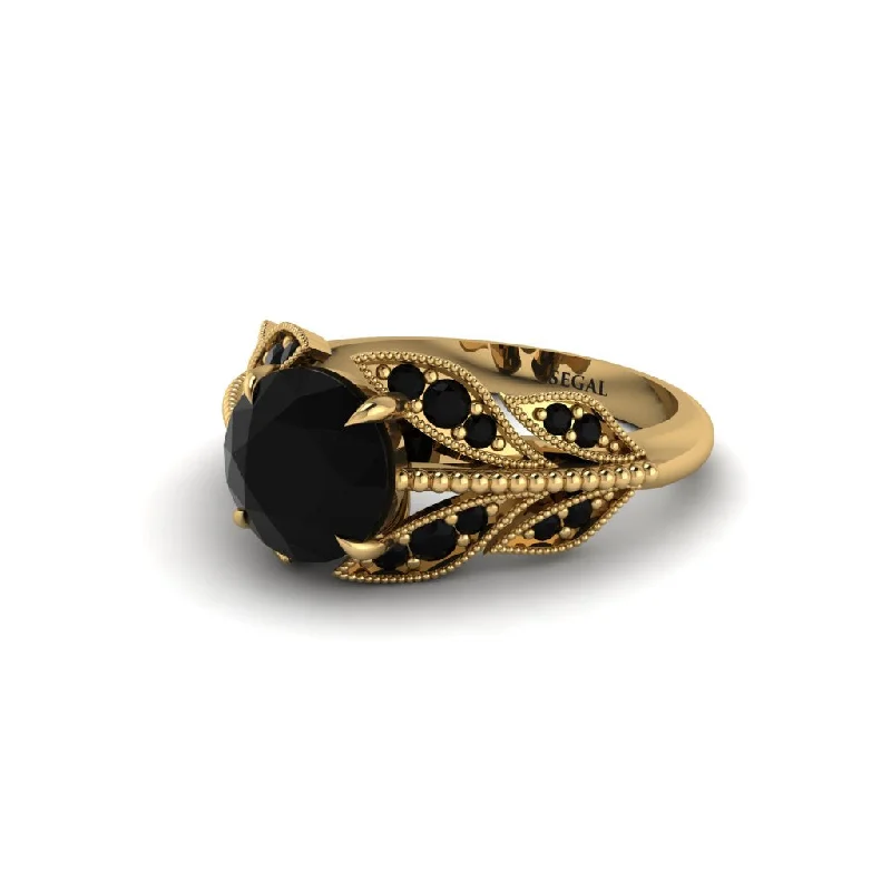 ladies engagement ring satin oval cut-Black Diamond Majestic Leaf Gold Engagement Ring - Makenna No. 37