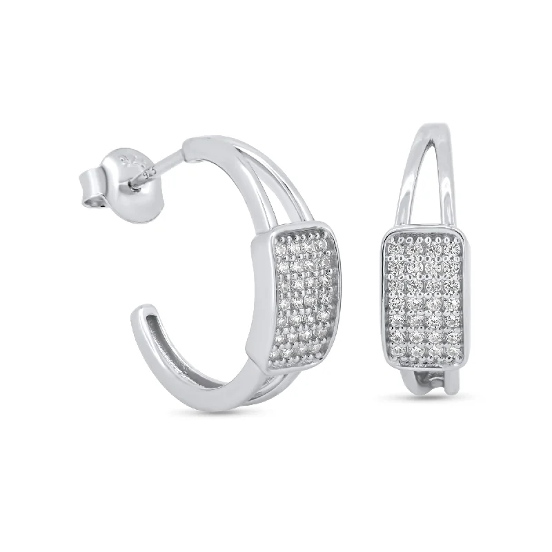 ladies earrings birthstone asymmetrical-Rhodium Plated 925 Sterling Silver Square Center Encrusted CZ Semi Hoop Earrings - GME00126