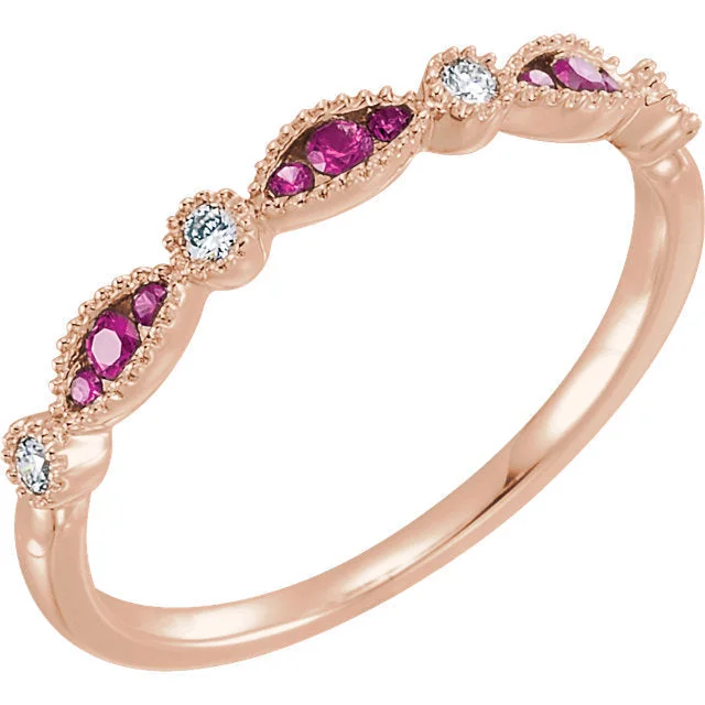 ladies ring statement halo-14K Rose Gold .07 CTW Diamond & Ruby Anniversary Band