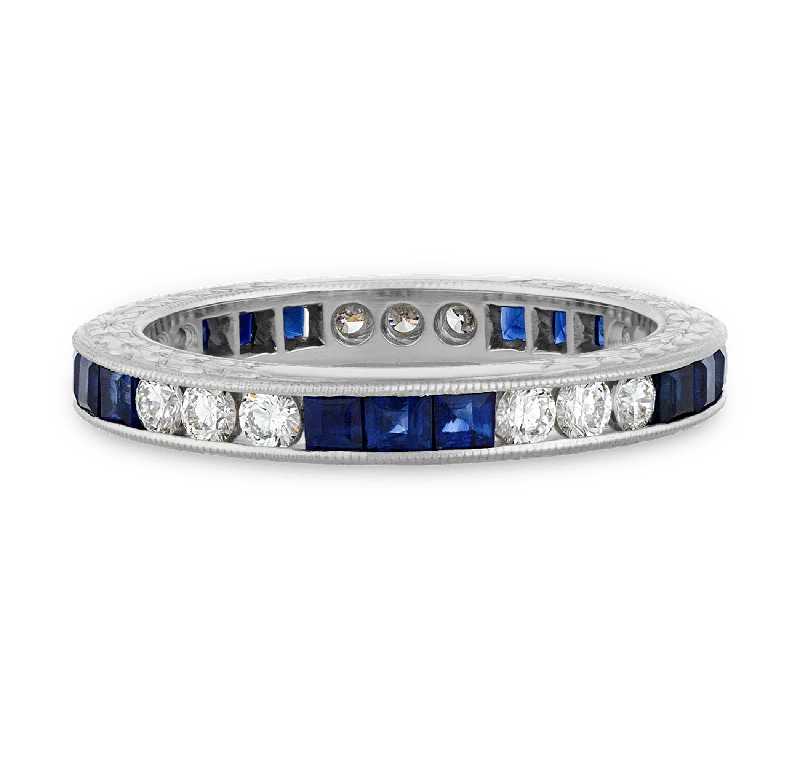 ladies ring ornate platinum-Raymond Yard Platinum, Sapphire and Diamond Eternity Band