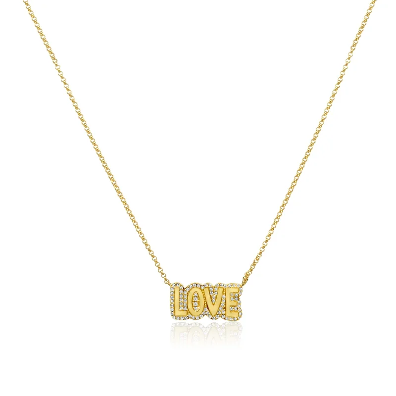 Ladies necklaces adjustable length options-Gold and Diamond Bubble Letter LOVE Necklace