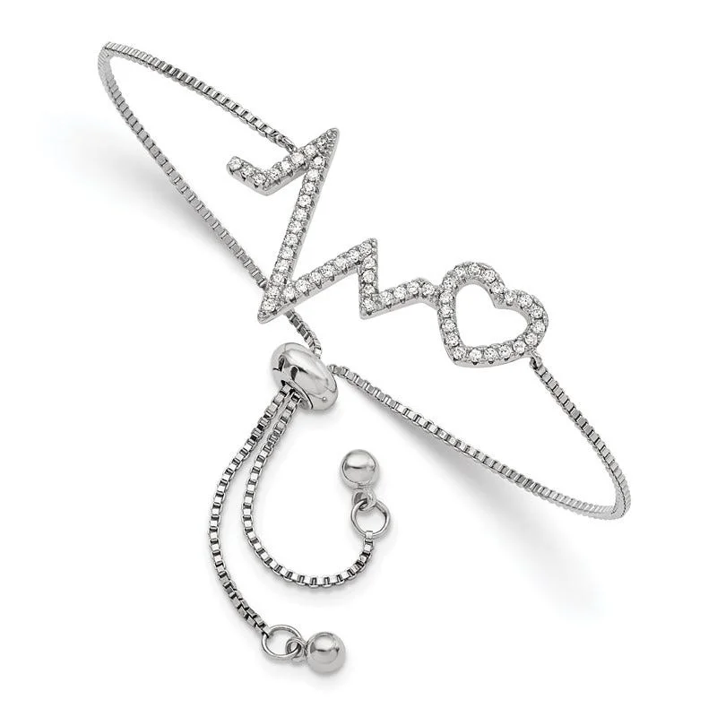 Ladies bracelets long-lasting bracelets-Sterling Silver Polished Rhodium Micro Pav‚ CZ Heartbeat Adj. Bracelet