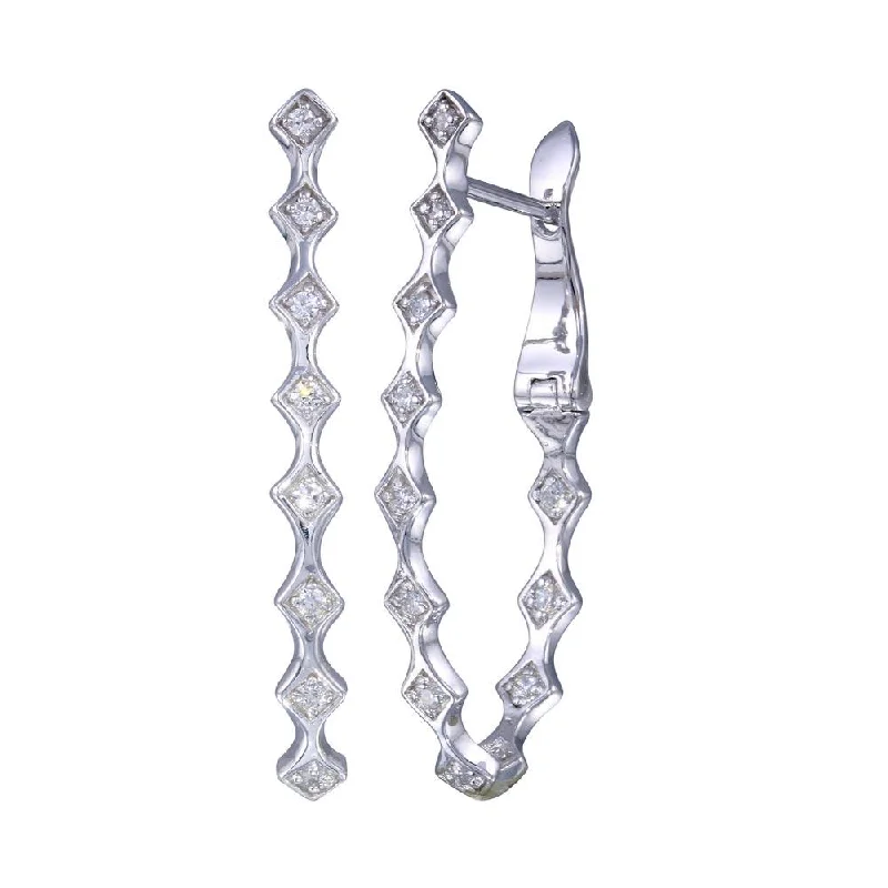 ladies earrings engraved sleeper-Silver 925 Rhodium Plated Clear CZ Hinged Scalloped Earrings - BGE00451